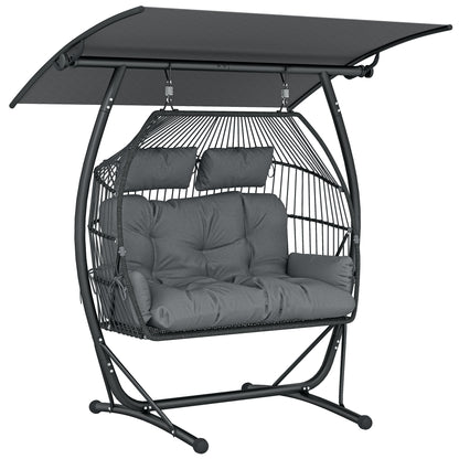Double Hanging Egg Chair with Canopy, Rattan Garden Egg Swing Chair with Cushion, Stand for Indoor Outdoor, Dark Grey