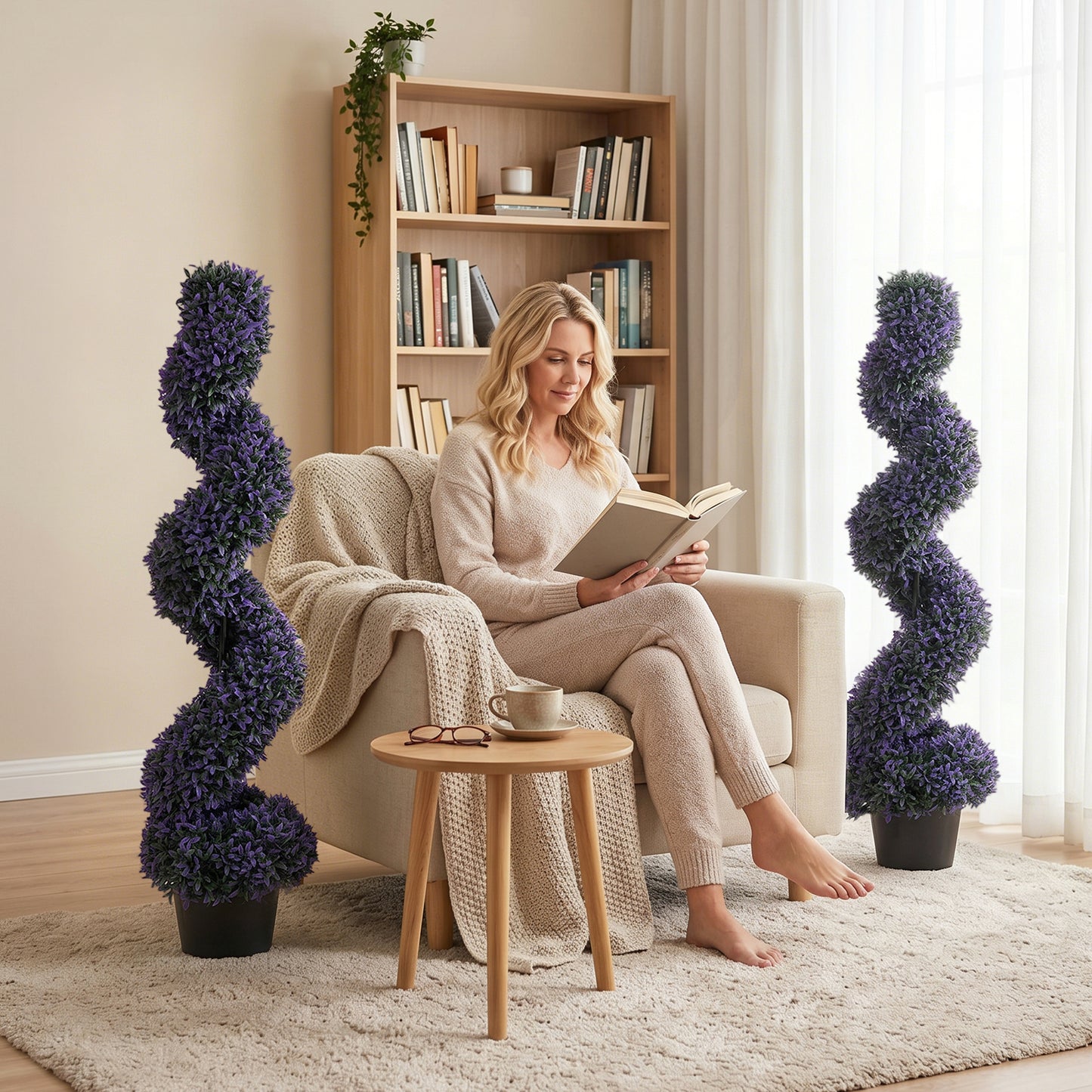 Decorative Artificial Plants Set of 2, UV Resistant Fake Plants in Pot for Indoor Outdoor Decor, 120 cm, Purple