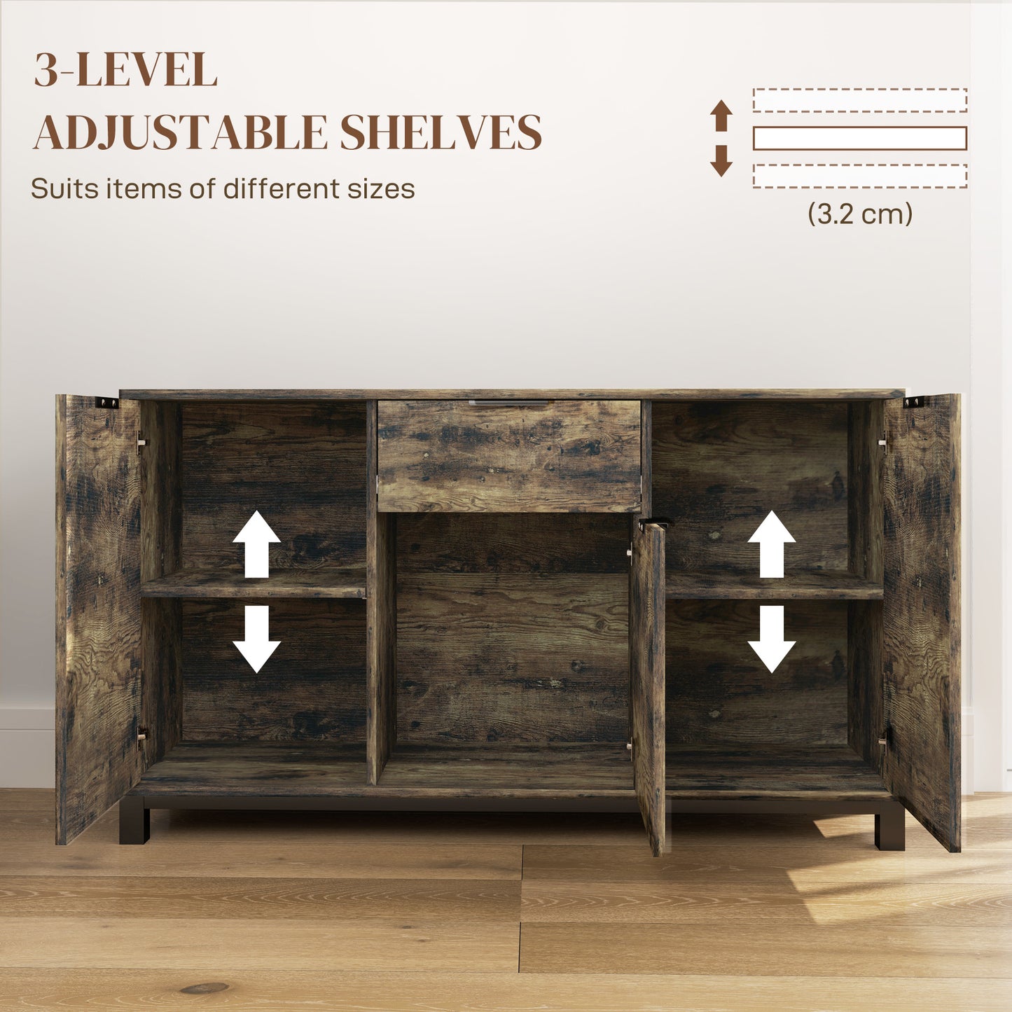 Sideboard, Industrial Storage Cabinet with Doors, Drawer, Cupboard and Adjustable Shelves for Living Room, Dining Room