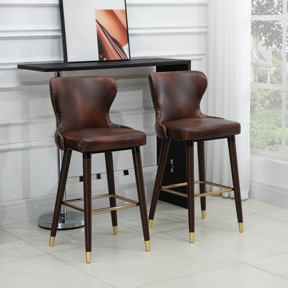 Bar Stools Set of 2, PU Leather Barstools with Back, Footrest and Wood Legs for Kitchen, Counter, Breakfast Bar, Brown