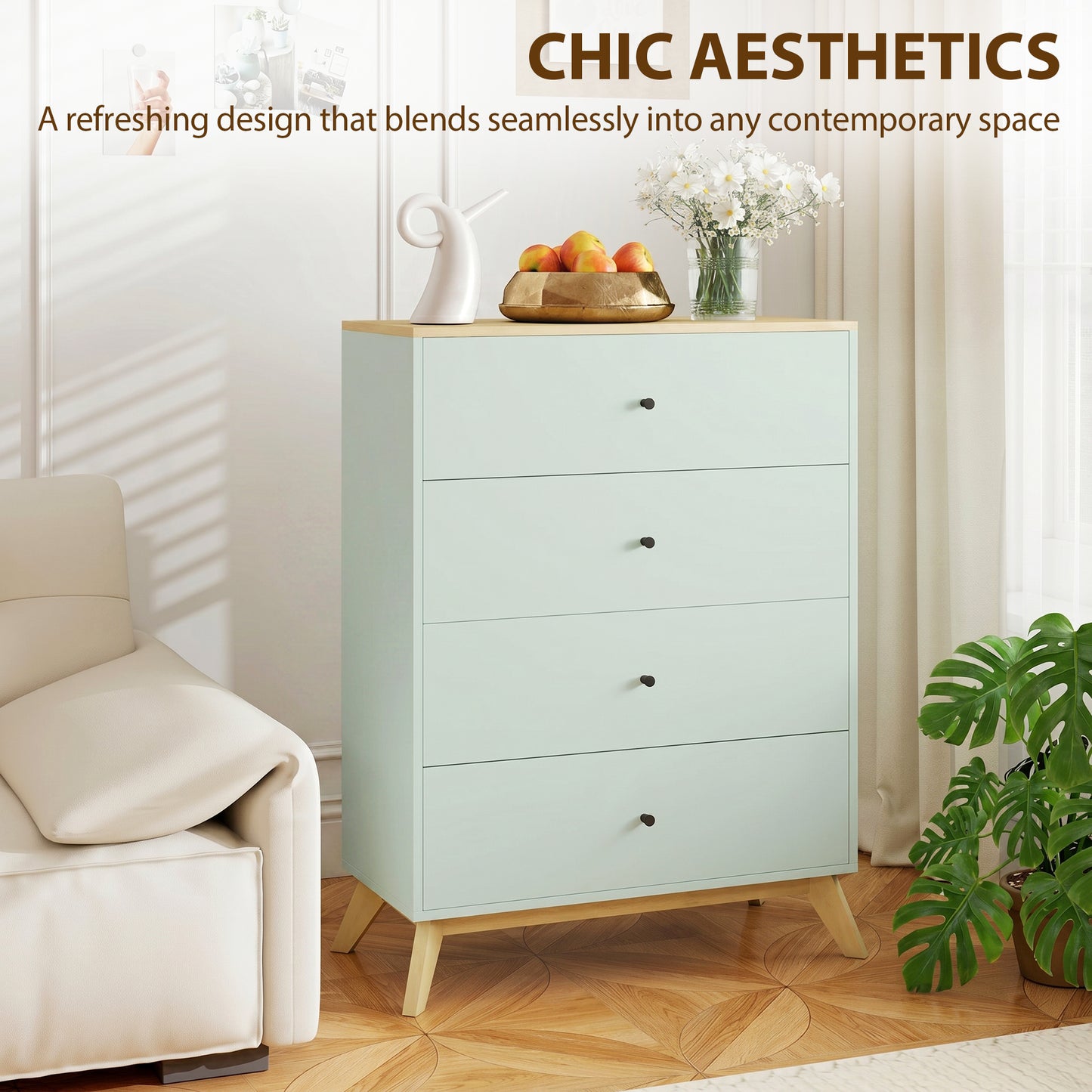 4 Drawer Storage Cabinet, Chest of Drawers for Bedroom Living Room, Light Green and Oak