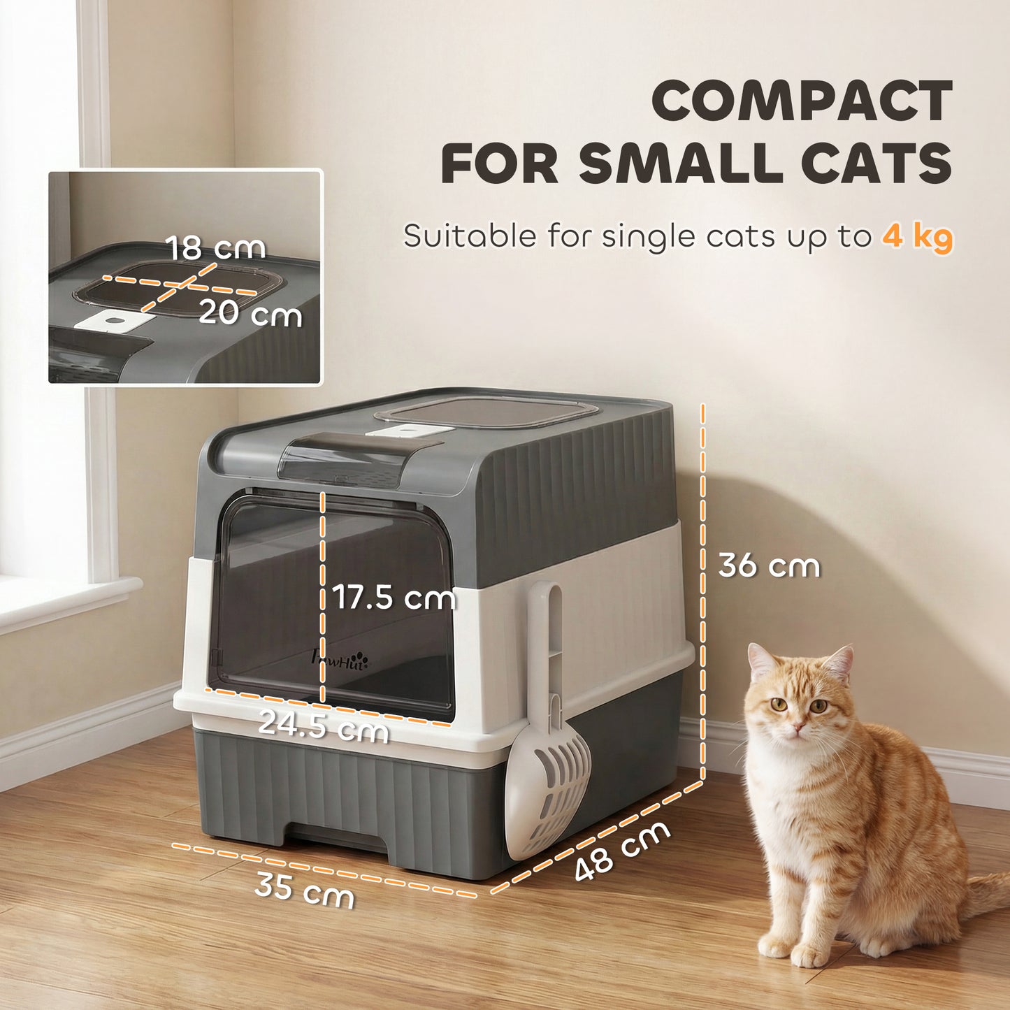 Enclosed Cat Litter Box with Lid, Pull-Out Drawer Tray, Scoop, 4 Deodorisation Bags, Front Entry & Top Exit, Grey
