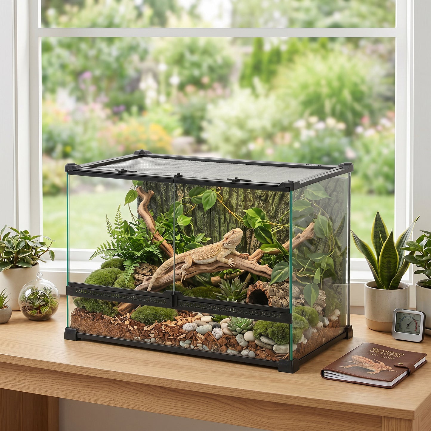 Reptile Glass Terrarium with Stone Background, Front Ventilation, Escape-Proof Knob Lock, 50 x 30 x 35 cm, Black