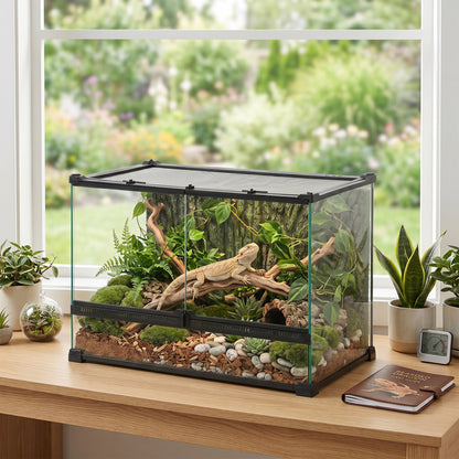 Reptile Glass Terrarium with Stone Background, Front Ventilation, Escape-Proof Knob Lock, 50 x 30 x 35 cm, Black