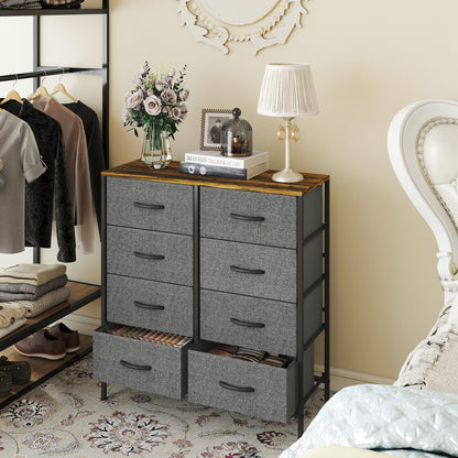 Fabric Chest of Drawers, Industrial Bedroom Dresser with 8 Fabric Drawers, Steel Frame and Wooden Top for Nursery