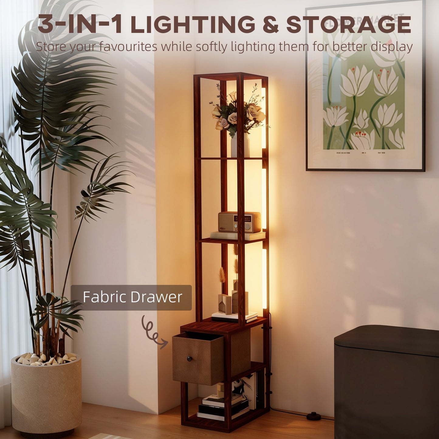 Floor Lamp with Shelves, LED Column Modern Standing Lamp with Fabric Drawer, Adjustable Brightness
