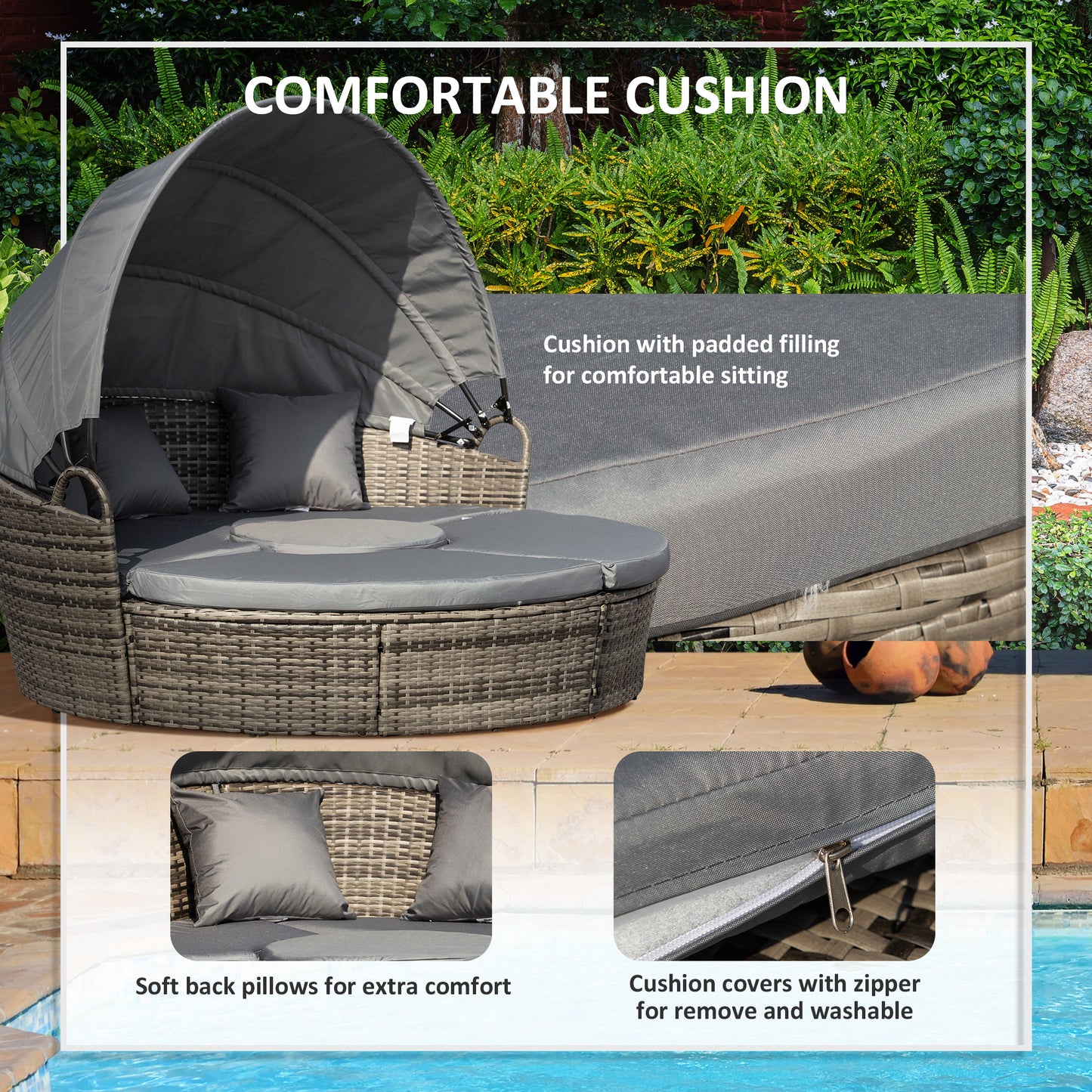 Outdoor PE Rattan Garden Furniture with Cushioned, Patio Wicker Conversation Furniture Set, Round Daybed