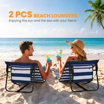 Set of 2 Foldable Garden Beach Chair Mat, Outdoor Sun Lounger Seats with Adjustable Back, Magazine Pocket, Carry Strap