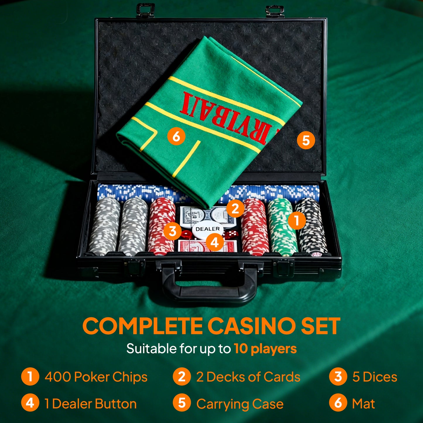 400-Piece Poker Chips Set with Lightweight ABS Case, Casino Texas Holdem Poker Set with Mat, 11.5g Numbered Poker Chips