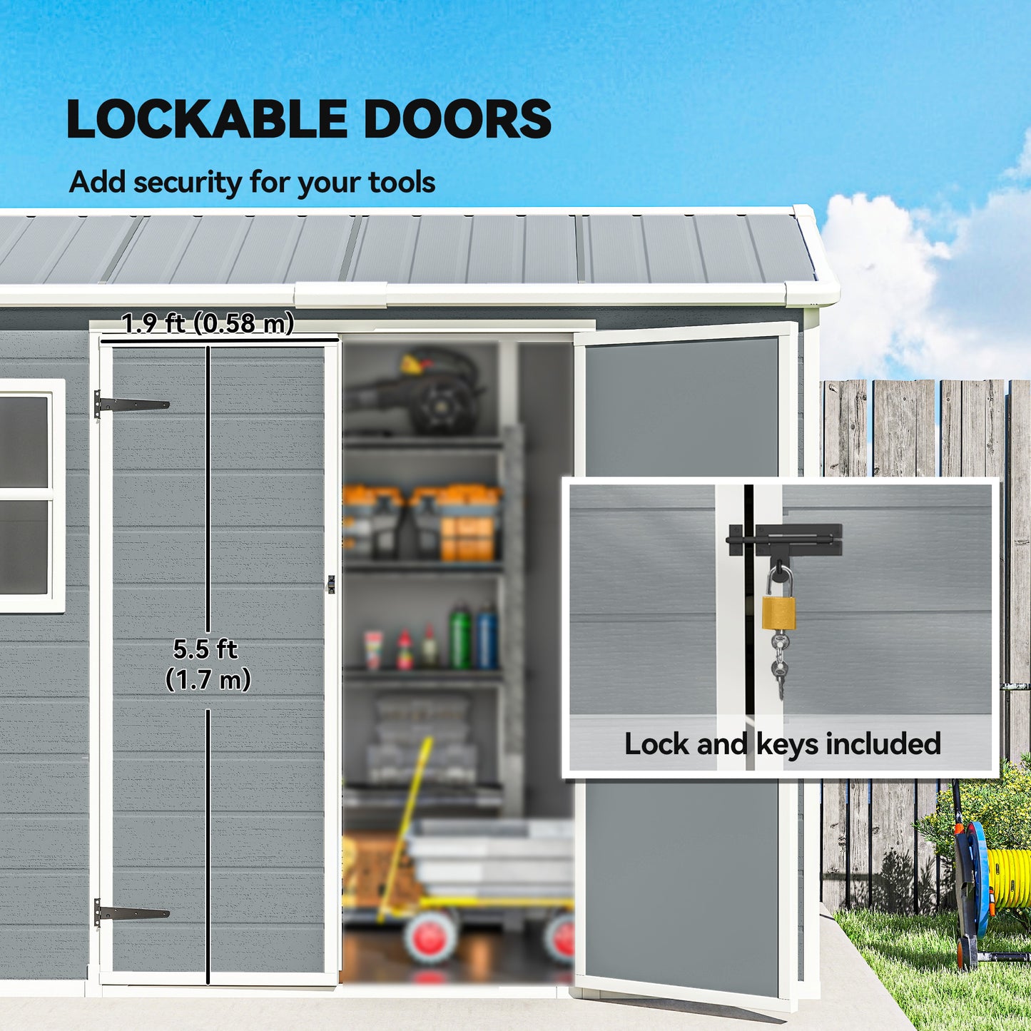8 x 4 ft Plastic Garden Shed, Wood-Effect Outdoor Storage Shed with Floor, Windows, Lockable Doors and Vents, Light Grey