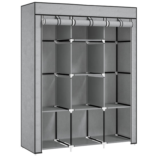Fabric Wardrobe, with Rails and Shelves - Light Grey
