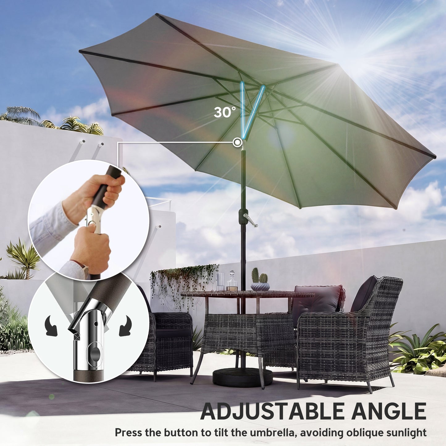 2.7 m Garden Parasol Umbrella with Cross Base and Sandbag, Retractable Ribs, Outdoor Table Market Umbrella, Light Grey