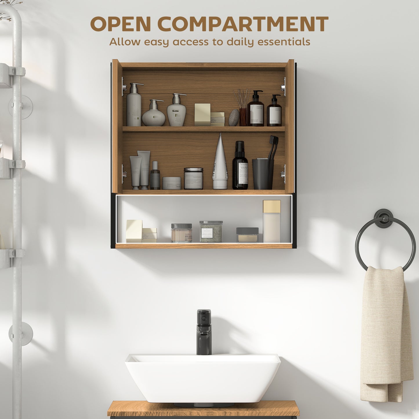 Bathroom Mirror Cabinet with Soft-Close Doors and Adjustable Shelf - Natural Wood Finish