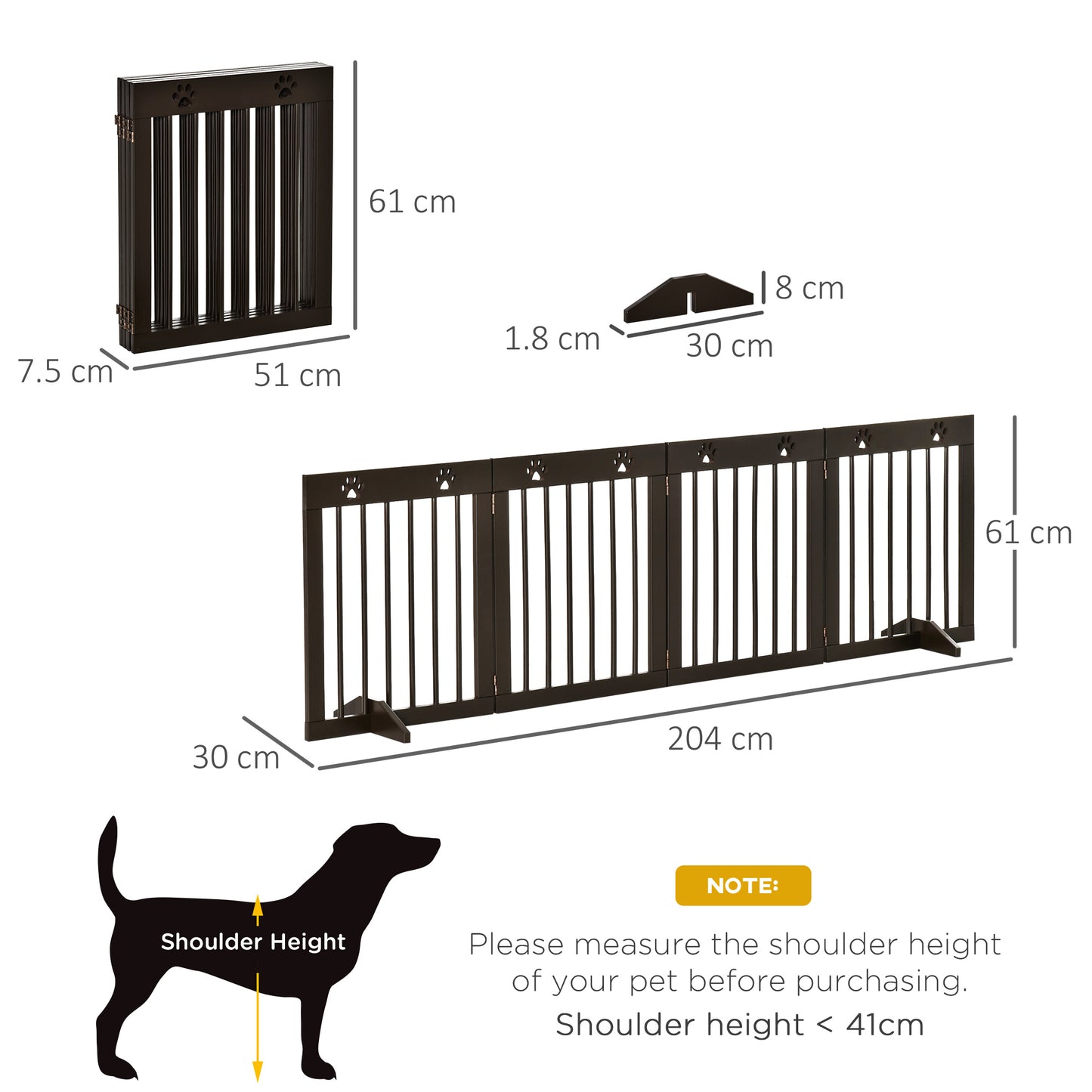 Freestanding Pet Gate 4 Panel Wooden Dog Barrier Folding Safety Fence with Support Feet up to 204cm Long 61cm Tall for Doorwa