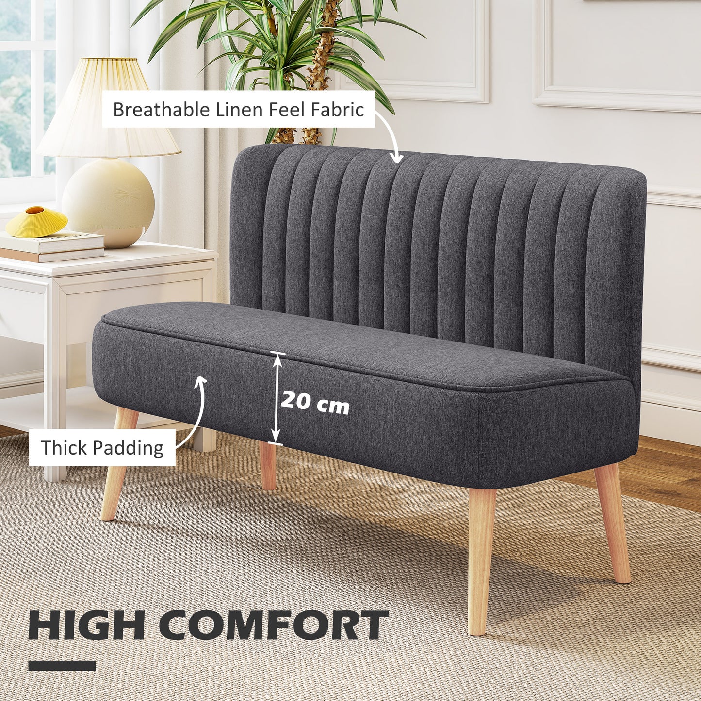 Modern Double Seat Sofa Loveseat Couch 2 Seater Compact Sofa Padded Linen Wood Leg Dark Grey
