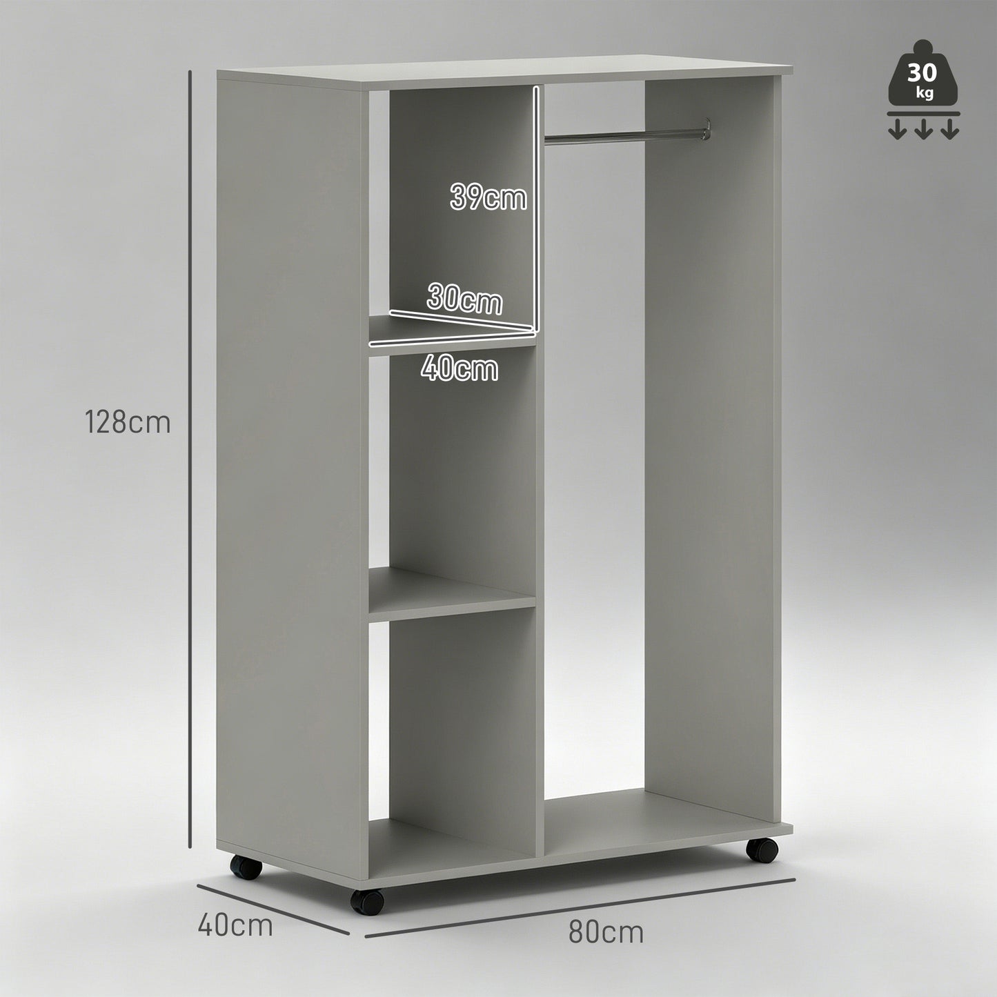 Open Wardrobe on Wheels, Bedroom Wardrobe with Clothes Hanging Rail, 3 Storage Shelves, Mobile Garment Rack for Cloakroom