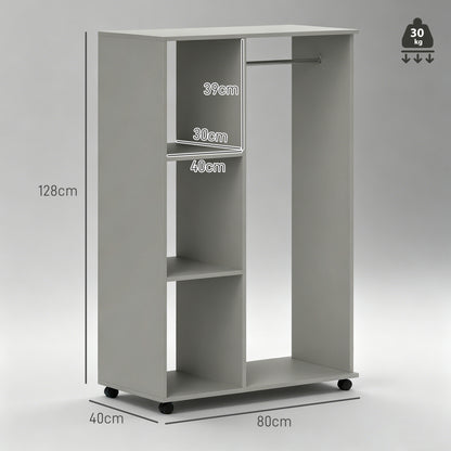 Open Wardrobe on Wheels, Bedroom Wardrobe with Clothes Hanging Rail, 3 Storage Shelves, Mobile Garment Rack for Cloakroom