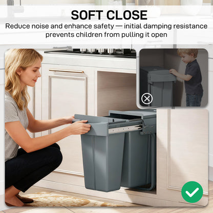 2 Removable Recycling, ContaineUnder-Sink Kitchen Trash Bin, Smooth Slide, Handle, Diamond Pattern Lid, Grey