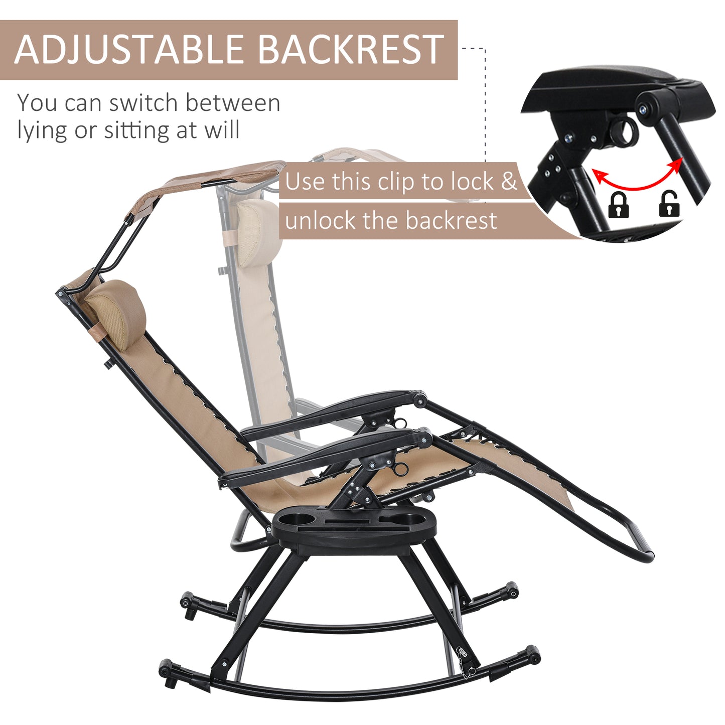Garden Rocking Chair Folding Recliner Outdoor Adjustable Sun Lounger Rocker Zero-Gravity Seat with Headrest Side Holder Patio