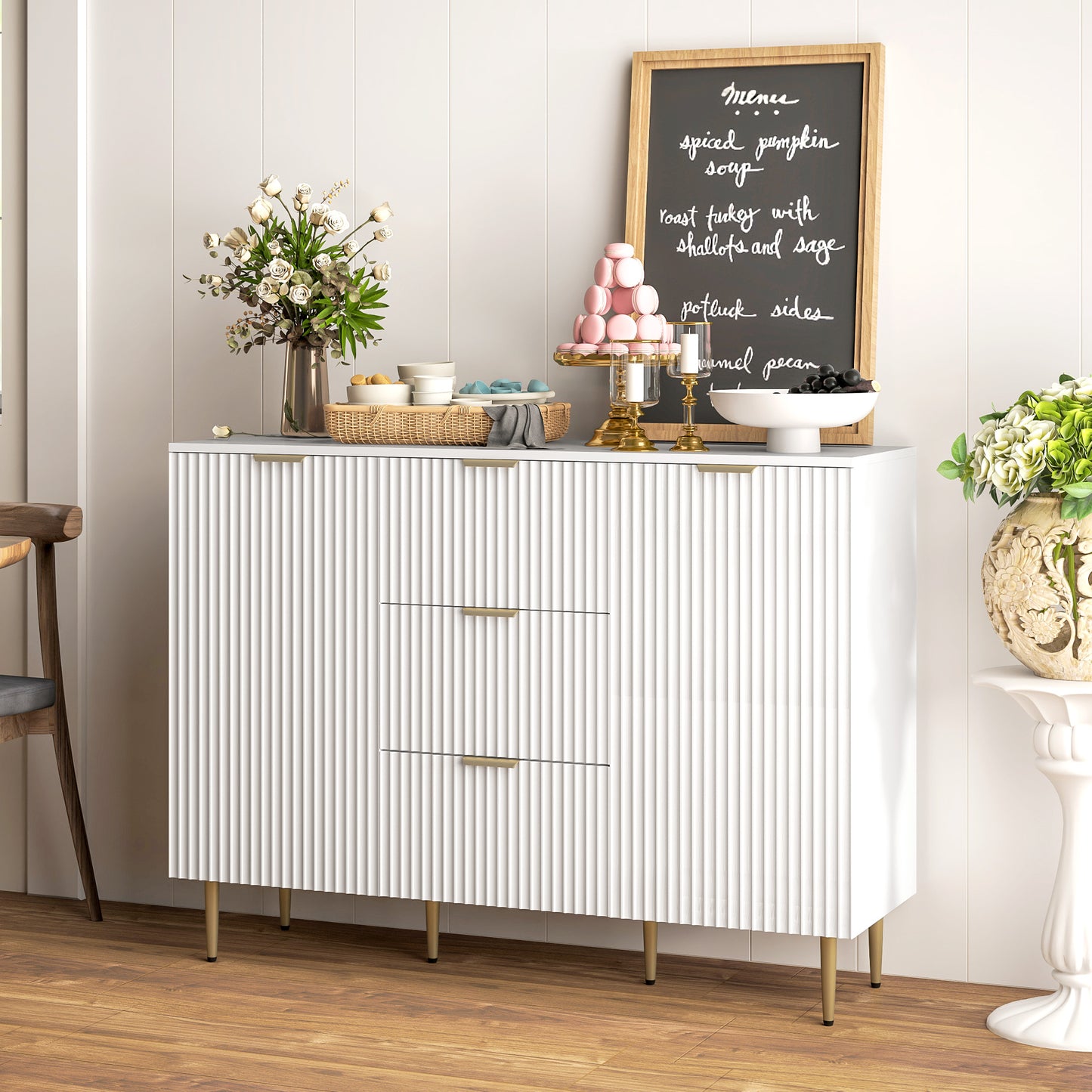 2-Door Sideboard with 3 Drawers and Adjustable Shelves - White