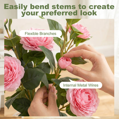 65cm Artificial Camellia Flower Plant in Pot with 116 Lush Leaves & Moss Effect, Pink