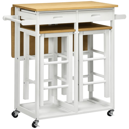 Kitchen Island Set with 2 Stools, Bamboo Breakfast Cart with Drop Leaf Top, Drawers and Towel Rack