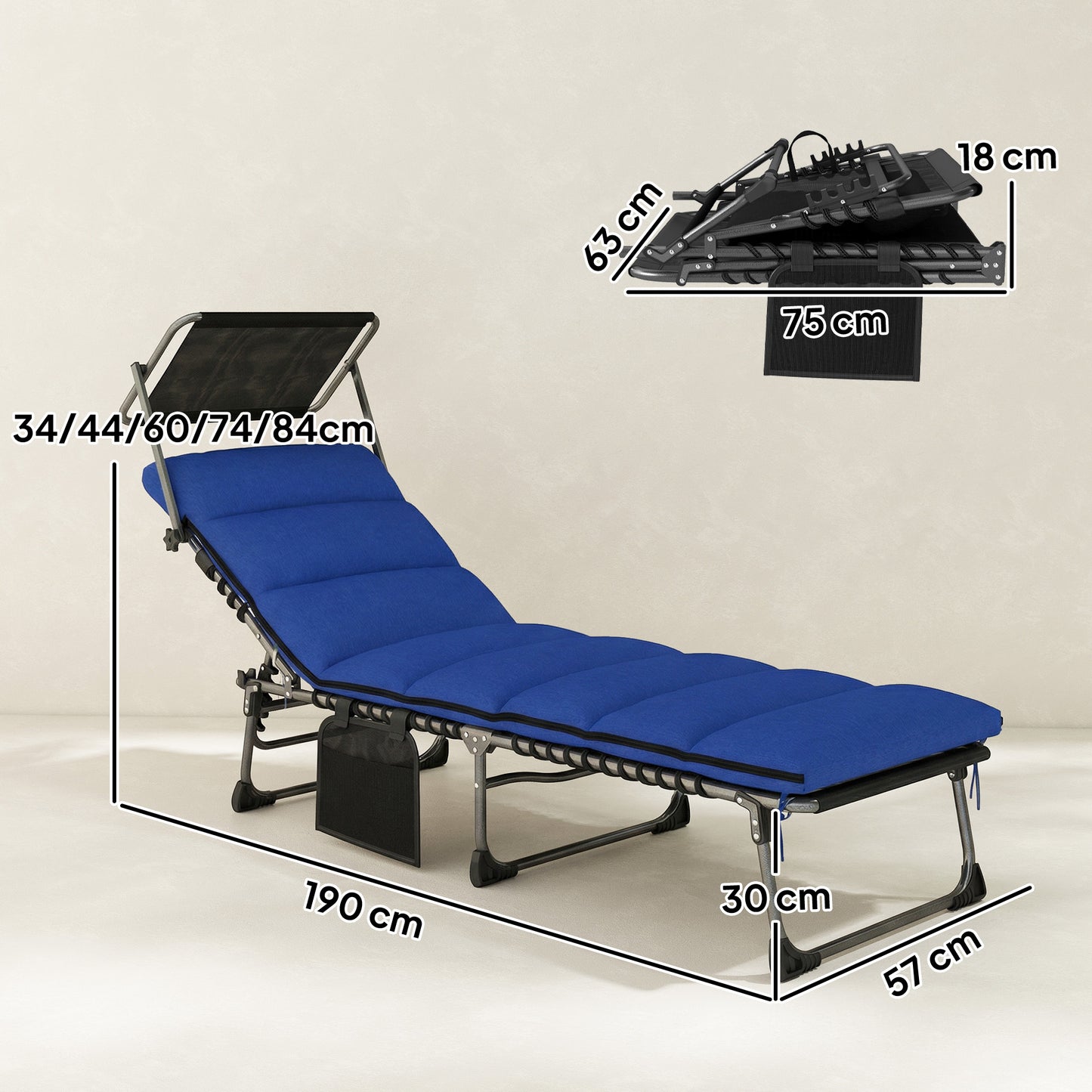 Folding Sun Lounger with Canopy, Reclining Sunbed with Cushion, Side Pocket, Carrying Handle, Dark Blue