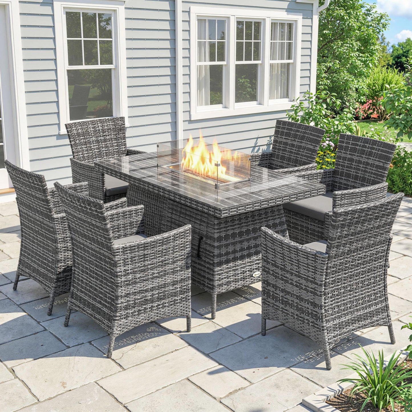 7 Pieces Outdoor Rattan Garden Furniture with Fire Pit Table, 6 Seater Garden Table and Chairs with Cushions