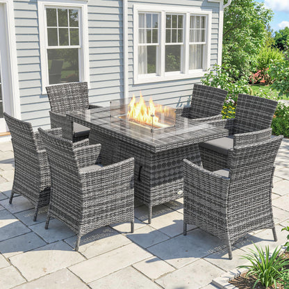 7 Pieces Outdoor Rattan Garden Furniture with Fire Pit Table, 6 Seater Garden Table and Chairs with Cushions
