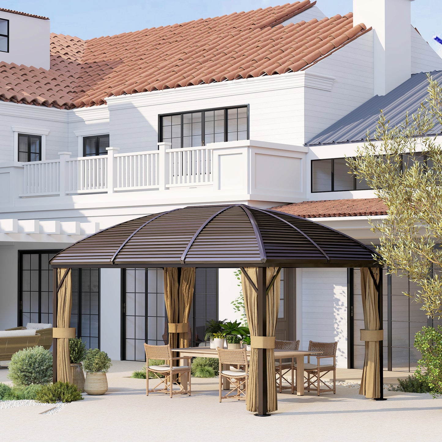 3 x 4m Hardtop Gazebo Canopy with Metal Roof, Aluminium Gazebo Permanent Pavilion with Netting and Curtains, Brown