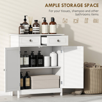 75x60cm Freestanding Bathroom Storage Cabinet Unit w/ 2 Drawers Cupboard Adjustable Shelf Metal Handles Traditional Style Whi