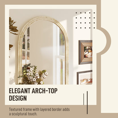 Arched Wall Mirror with Grooved Edge & Hooks, Wall-Mounted Mirror, Modern Tempered Glass & Polystyrene Beige