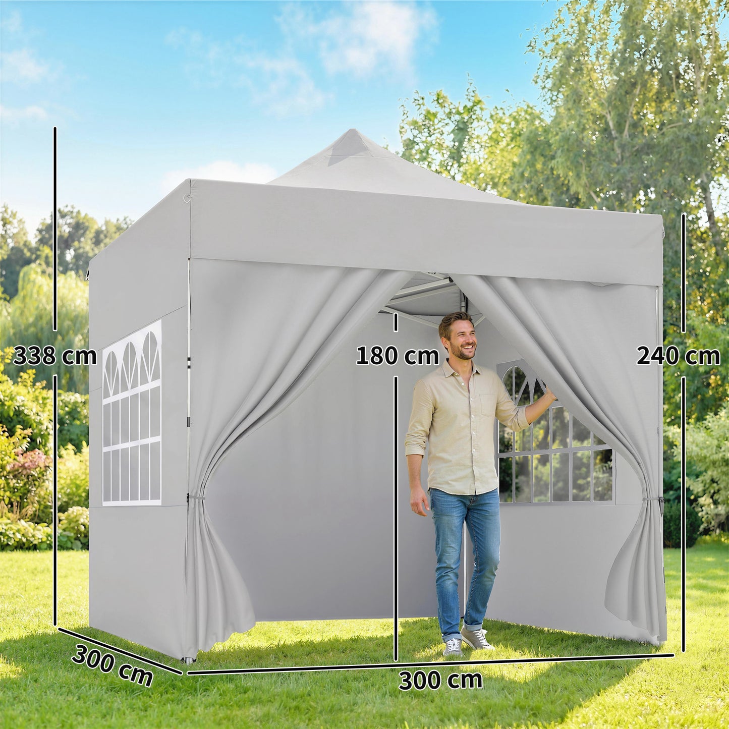 3 x 3 m Pop Up Gazebo with Sidewalls, UPF50+ Heavy Duty Garden Party Tent Marquee with Wheeled Carry Bag, Silver Grey