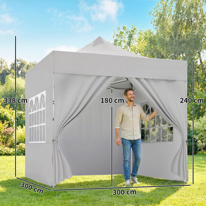 3 x 3 m Pop Up Gazebo with Sidewalls, UPF50+ Heavy Duty Garden Party Tent Marquee with Wheeled Carry Bag, Silver Grey