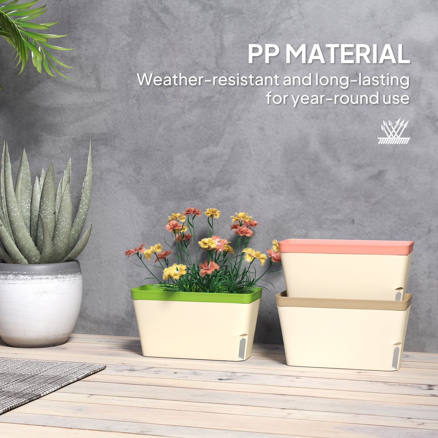 Set of 3 Self Watering Plant Pots Outdoor, 27cm Rectangular Garden Planters with Visual Water Level Window