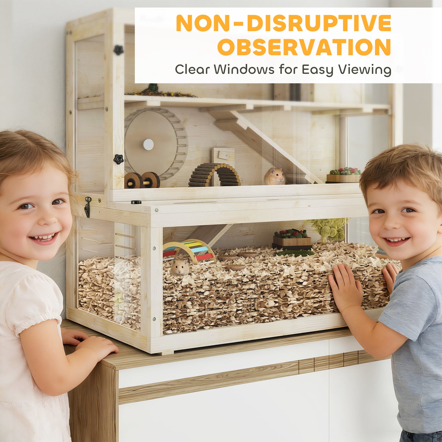 Wooden Hamster Cage with Hut, Wheel, Ramps, Removable Viewing Panels, 100 x 50 x 84 cm, Natural Wood