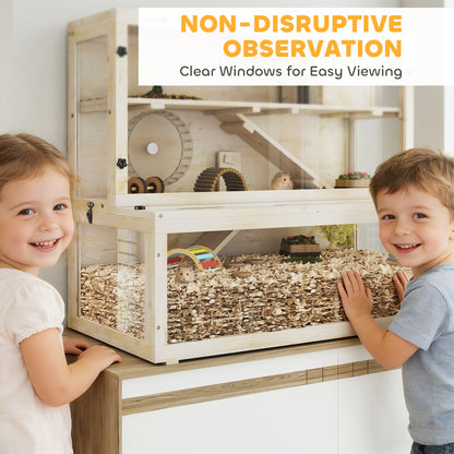 Wooden Hamster Cage with Hut, Wheel, Ramps, Removable Viewing Panels, 100 x 50 x 84 cm, Natural Wood