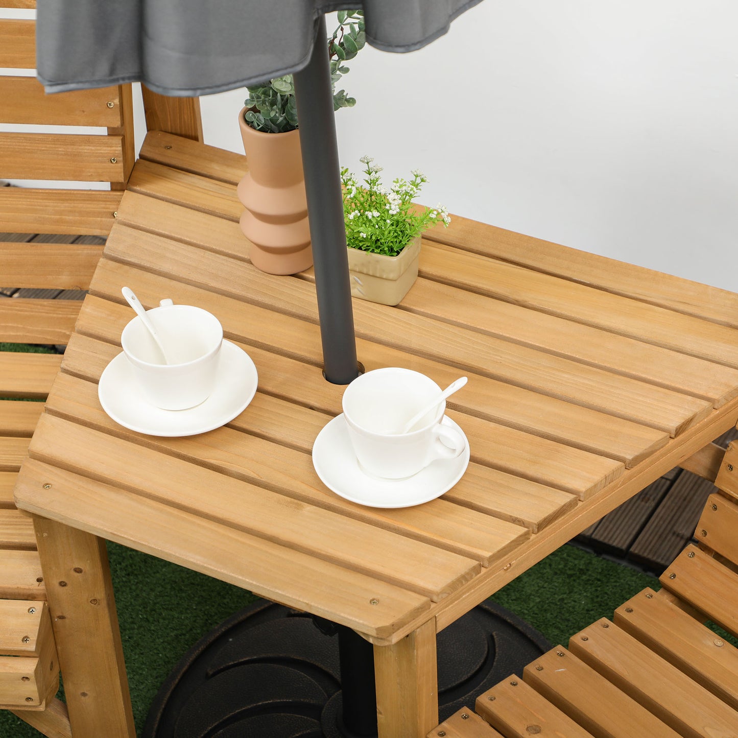 Wooden Garden Love Seat, 2 Seater Jack & Jill Companion Seat with Coffee Table and Parasol Hole, Partner Bench