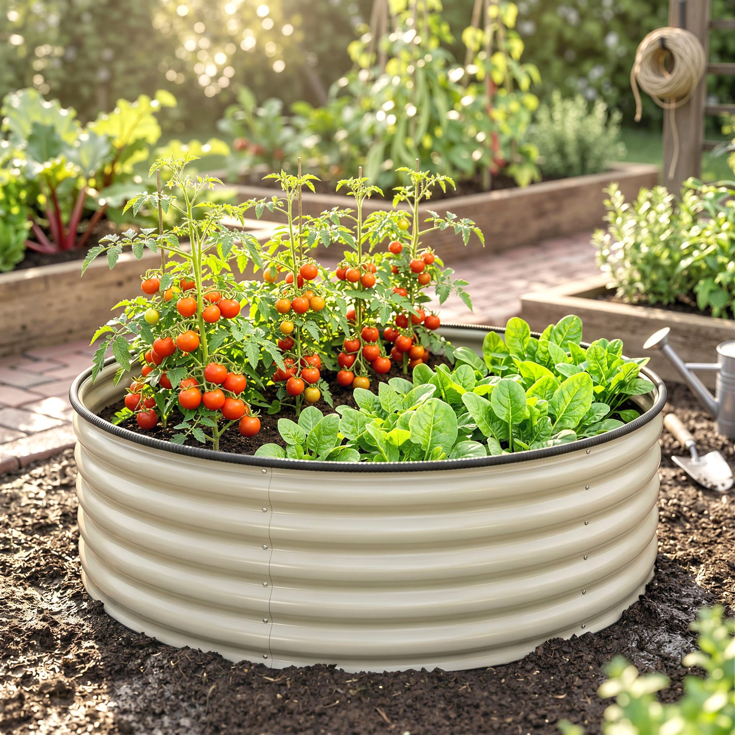 Galvanised Raised Garden Bed with Safety Edging, Outdoor Raised Planter Box with Gloves, 120 x 120 x 43cm, Cream White