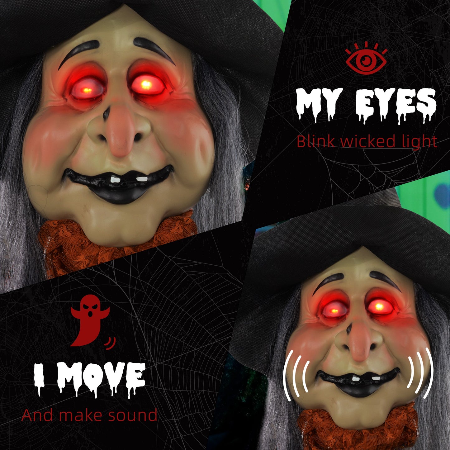 183 cm Life Size Halloween Animated Standing Fat-Faced Witch with Red Light Up Eyes, Sound Activated Moving Arms & Head