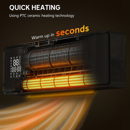 2000W Ceramic Electric Heater with Fan, Adjustable Thermostat, Wall Mounted - Black