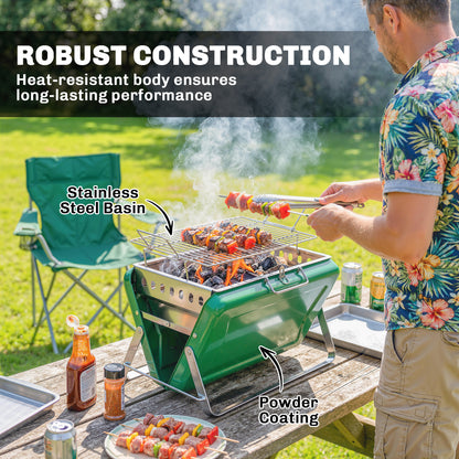 Charcoal BBQ Grill Portable Stainless Steel Barbecue with Tilting Grate for Camping Picnic Garden Dark Green