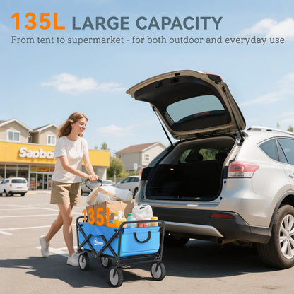 135L Festival Trolley on Wheels, Folding Wagon Camping Trolley Cart with Adjustable Handle, Dual Brakes