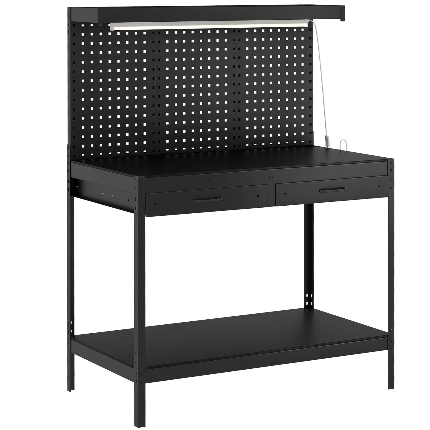 110 cm Workbench with Pegboard, Heavy Duty Work Table with Power Strip and LED Light, Black