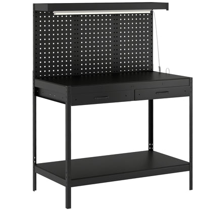 110 cm Workbench with Pegboard, Heavy Duty Work Table with Power Strip and LED Light, Black
