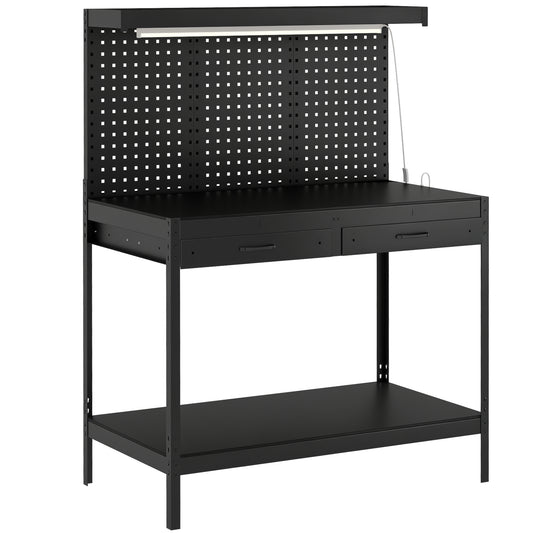110 cm Workbench with Pegboard, Heavy Duty Work Table with Power Strip and LED Light, Black