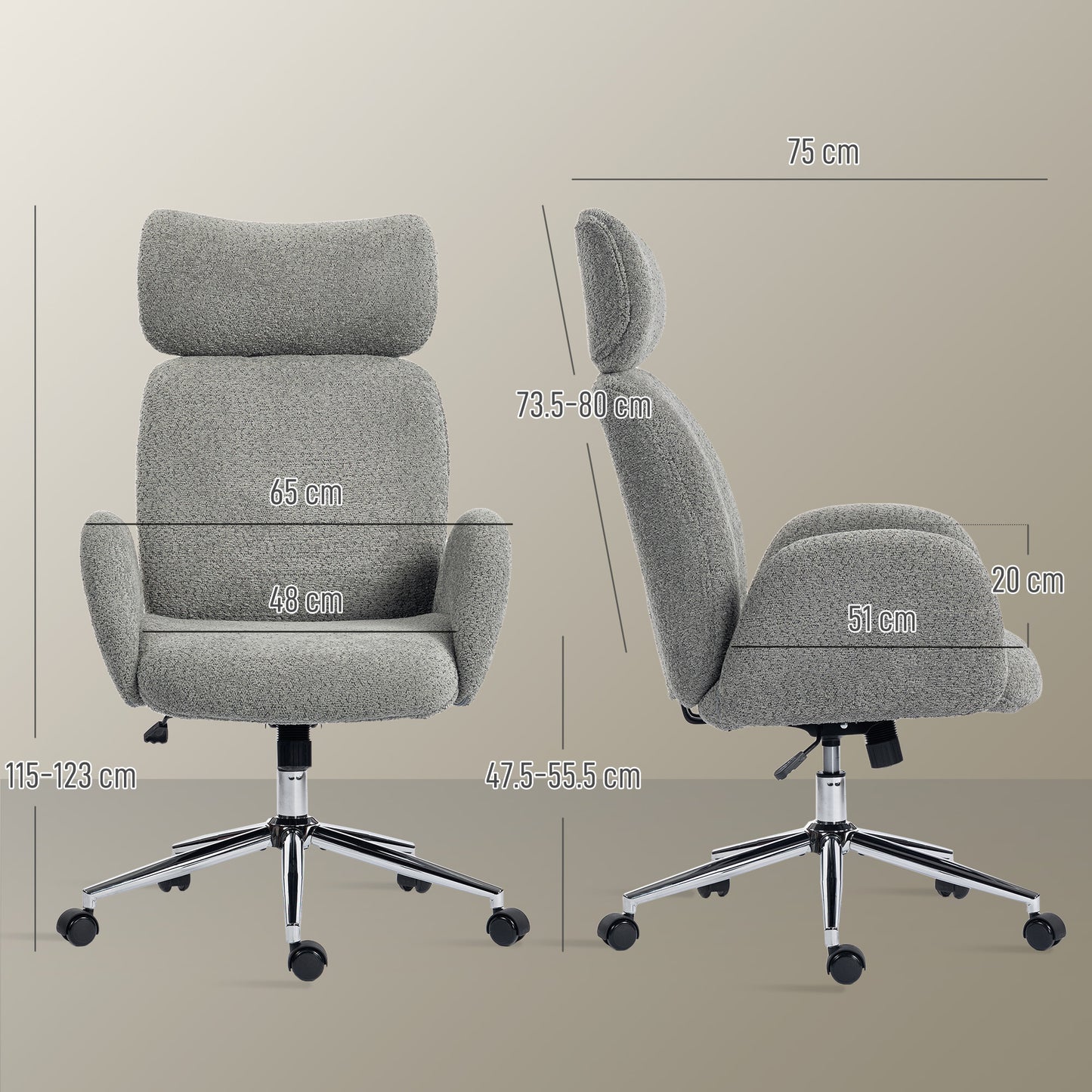 Office Chair with Adjustable Headrest, Spring Pack, Curved Line, Boucle Fabric - Charcoal Grey
