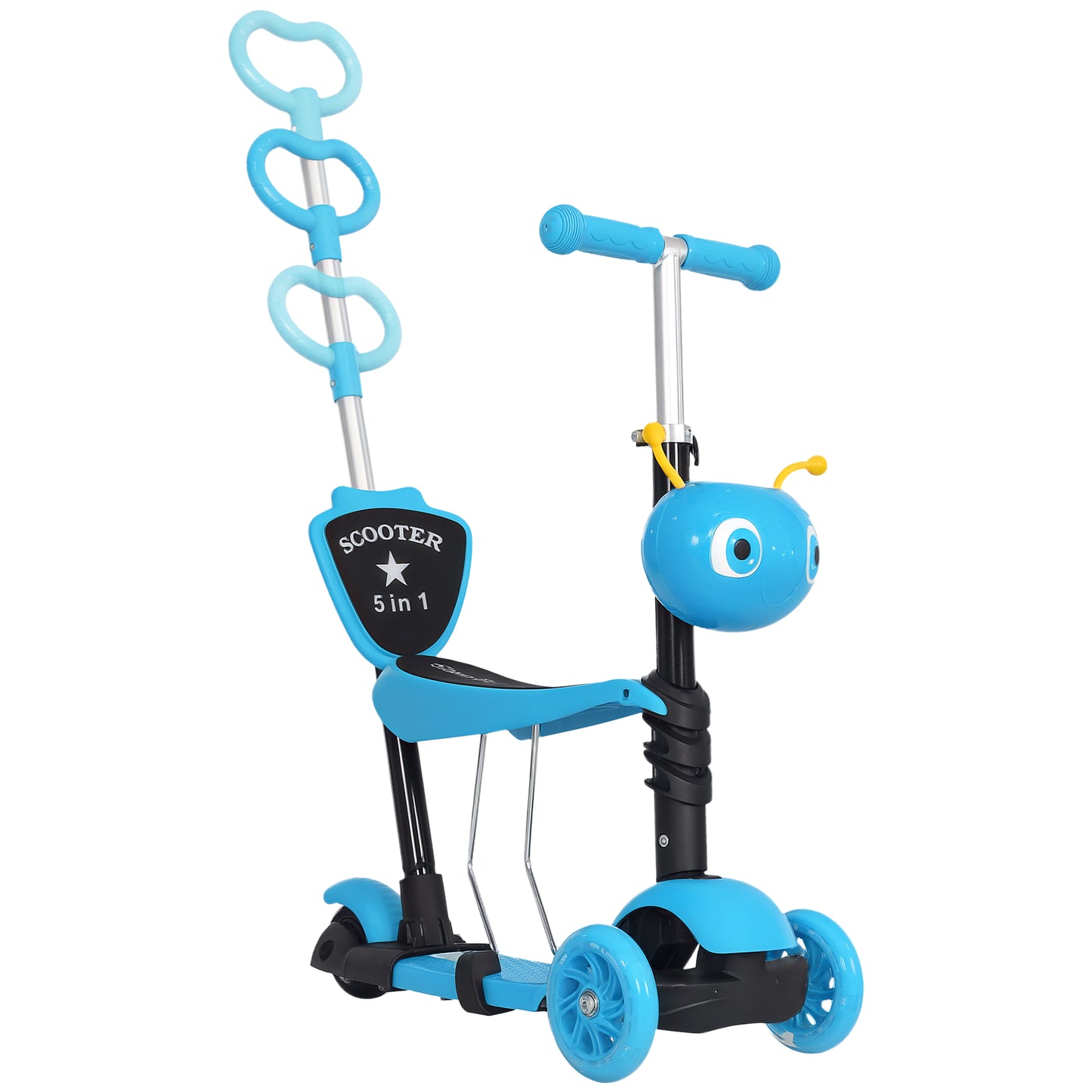 Adjustable Kids Toddler Scooter, with Removable Seat, Back Handle, Blue