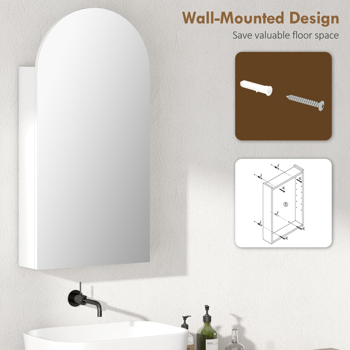 Arched Bathroom Mirror Cabinet with Adjustable Glass Shelves - White