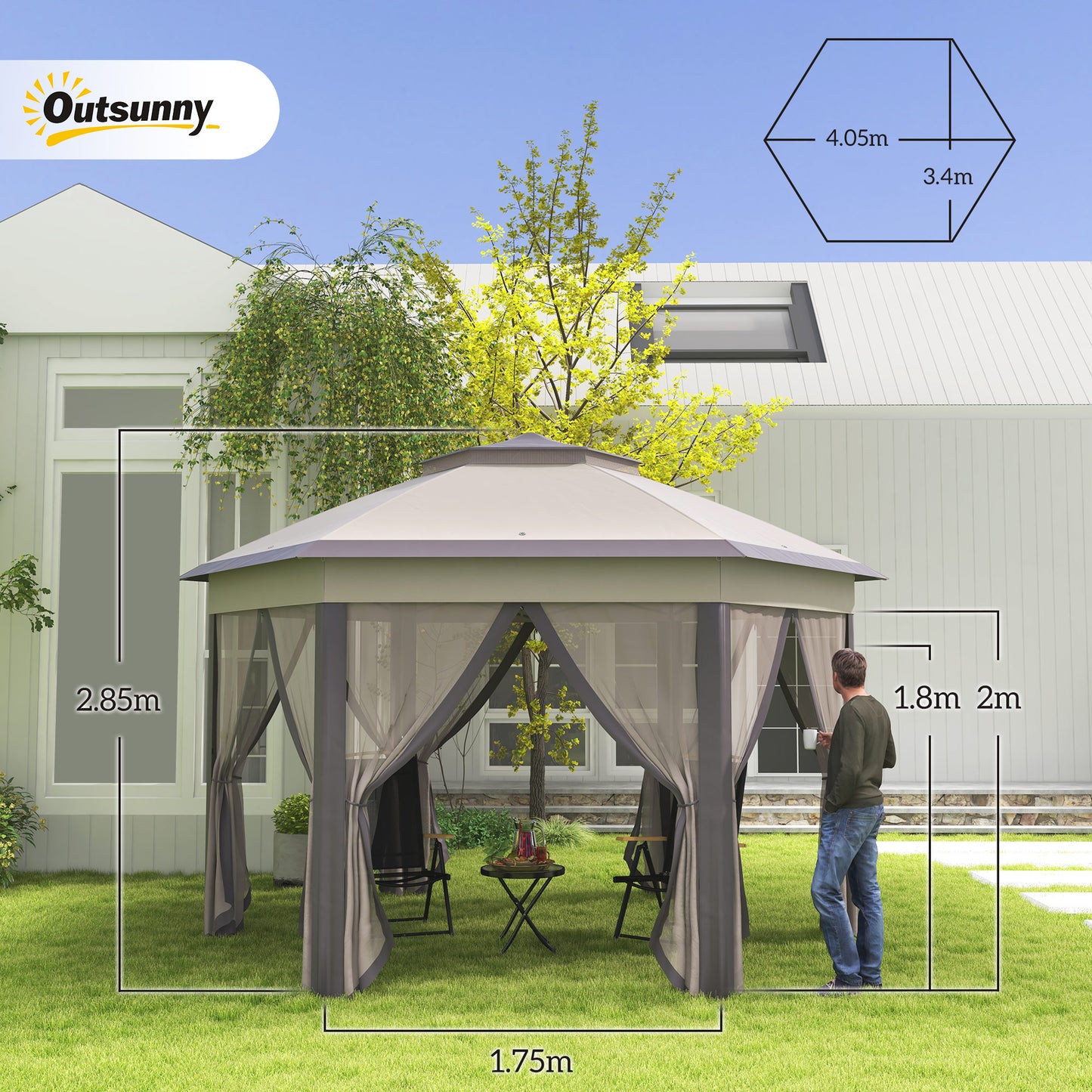 3 x 4m Garden Gazebo Hexagon Pop Up Gazebo Party Tent Canopy Double Roof Instant Shelter with Netting and Carry Bag for Outdo